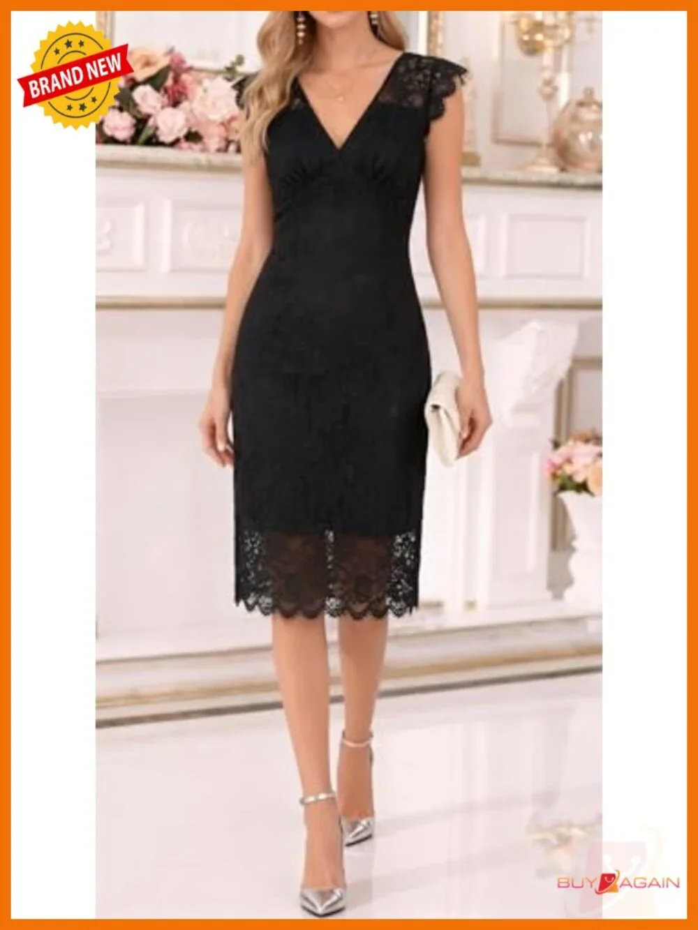 Lace Midi Dress Sleeveless Bodycon V-Neck Cocktail Party Formal